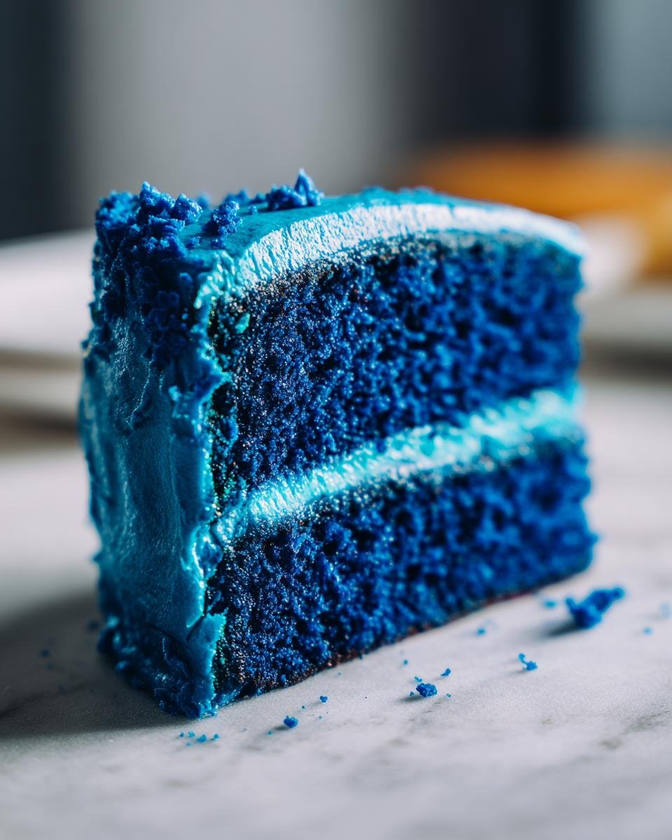 Ein St&uuml;ck unwiderstehlicher Blue Velvet Cake mit leuchtend blauer Glasur und Kuchenkr&uuml;meln.