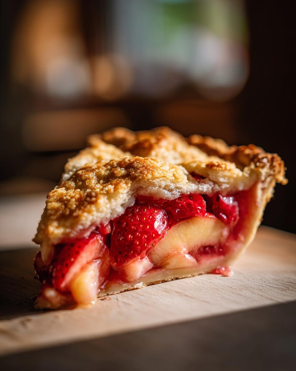 Ein St&uuml;ck unwiderstehlicher Brown Butter Erdbeer-Pfirsich-Kuchen mit goldbraunem Teig und saftiger F&uuml;llung.