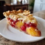 Ein St&uuml;ck unwiderstehlicher Brown Butter Erdbeer-Pfirsich-Kuchen auf einem wei&szlig;en Teller, mit saftigen Erdbeeren und Pfirsichscheiben.