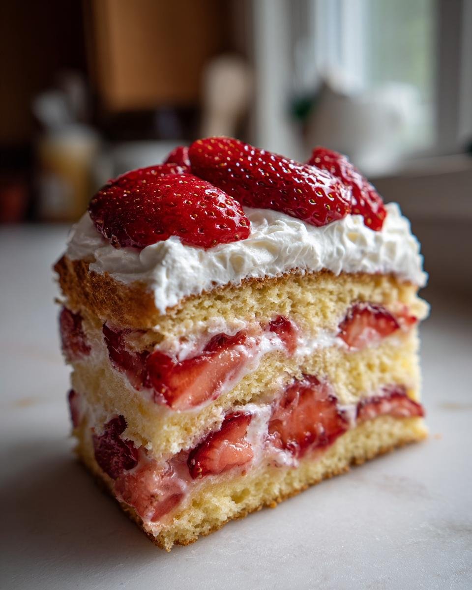 Ein St&uuml;ck unwiderstehlicher Erdbeerkuchen mit viel Sahne und frischen Erdbeeren.