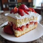 Ein St&uuml;ck unwiderstehlicher Erdbeerkuchen mit Sahne und frischen Erdbeeren auf einem Teller.