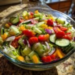 Nahaufnahme einer Sch&uuml;ssel mit unwiderstehlichem frischem und knackigem Gartensalat-Mix mit Gurken, Tomaten, Paprika und Zwiebeln.