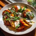 Nahaufnahme eines unwiderstehlichen gegrillten Pfirsich Caprese Salats mit Mozzarella, Basilikum und Balsamico-Glasur.