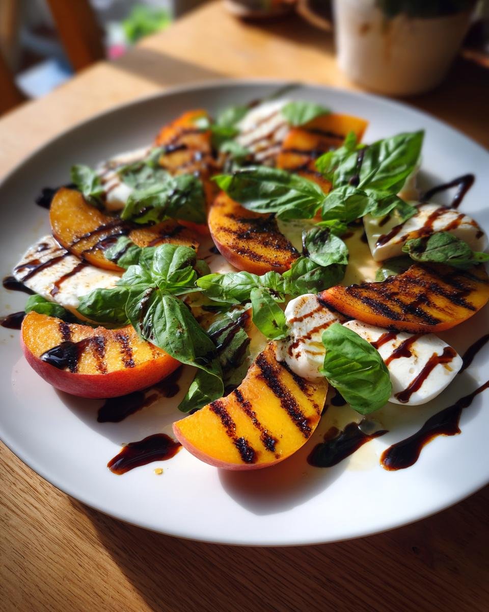 Nahaufnahme eines unwiderstehlichen gegrillten Pfirsich-Caprese-Salats mit Mozzarella, Basilikum und Balsamico-Glasur.