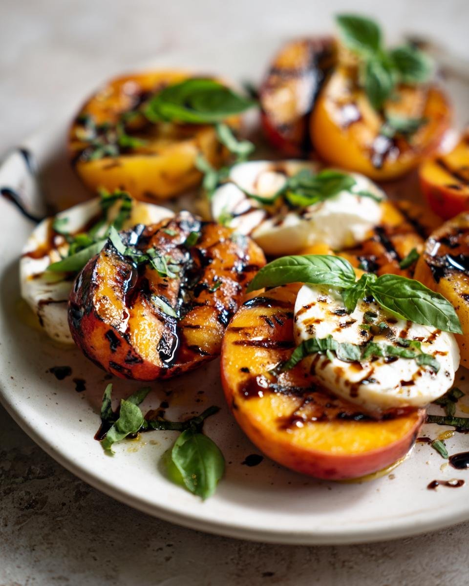 Nahaufnahme eines unwiderstehlichen gegrillten Pfirsich Caprese Salats mit Mozzarella und Basilikum.
