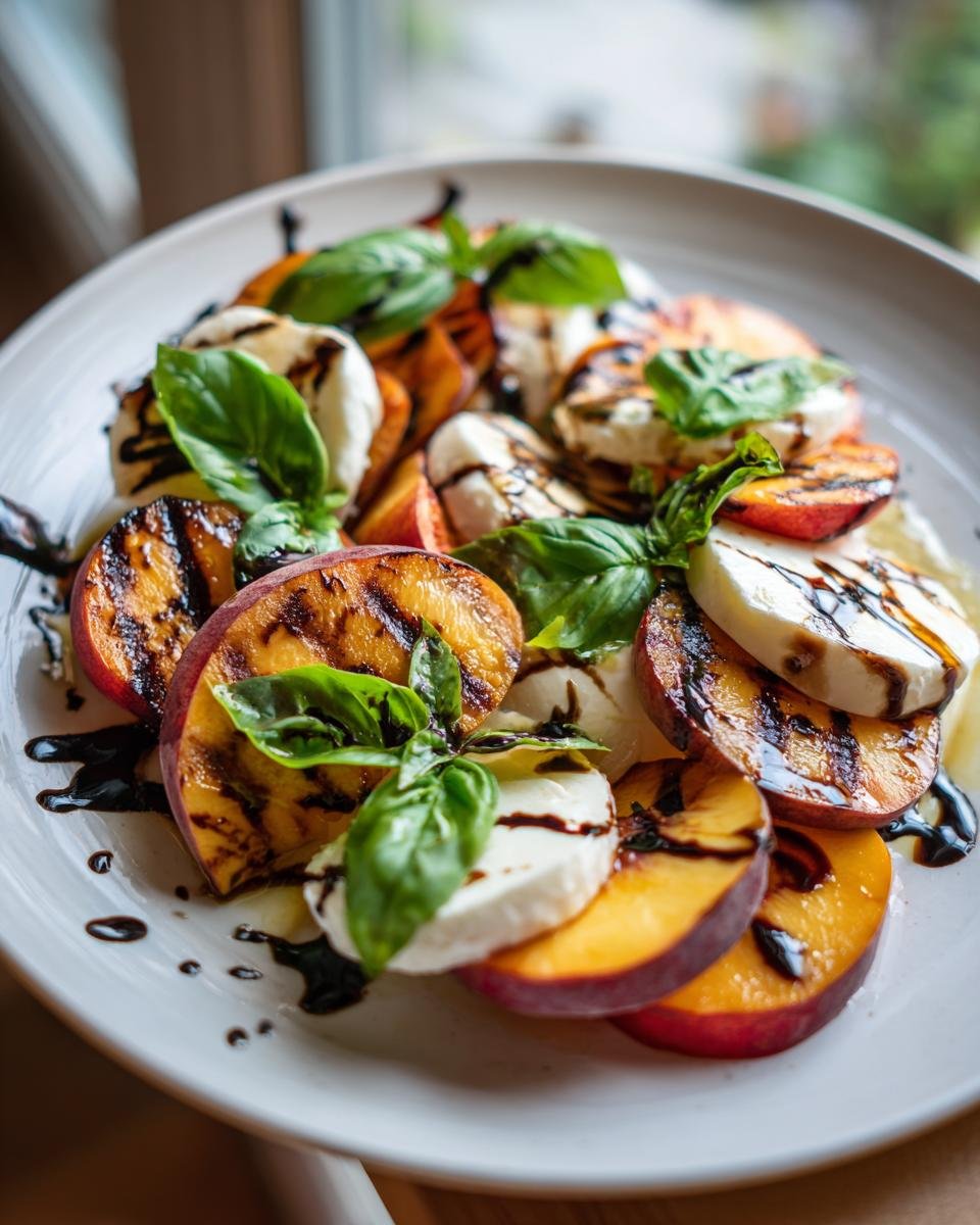 Nahaufnahme eines unwiderstehlichen gegrillten Pfirsich Caprese Salats mit Mozzarella, Basilikum und Balsamico-Glasur.