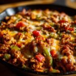 Nahaufnahme eines unwiderstehlichen H&auml;hnchen-Fajita-Auflaufs mit geschmolzenem K&auml;se, Paprika und H&auml;hnchenst&uuml;cken in einer Gusseisenpfanne.