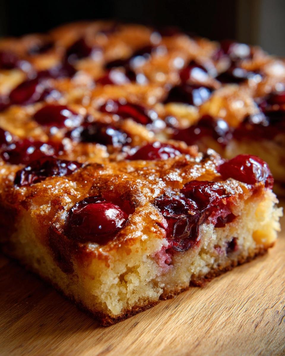 Nahaufnahme eines St&uuml;cks unwiderstehlicher Kirsch-Dump-Cake mit saftigen Kirschen und goldbraunem Teig.