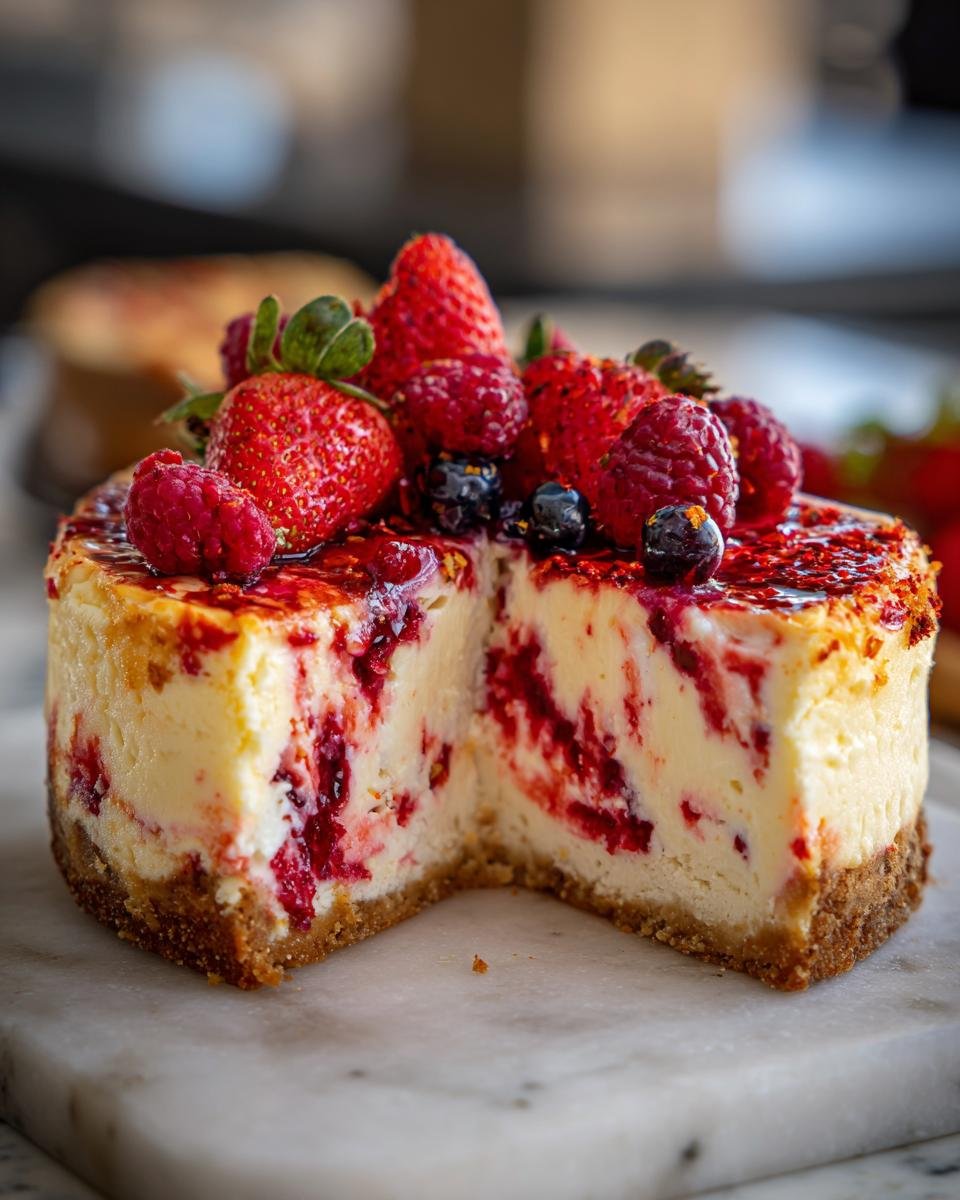 Ein Anschnitt eines unwiderstehlichen No Bake Firecracker Cheesecakes mit Beeren und Fruchtsauce.