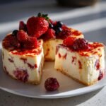 Ein Anschnitt eines unwiderstehlichen No Bake Firecracker Cheesecakes mit Beeren und rotem Sirup.
