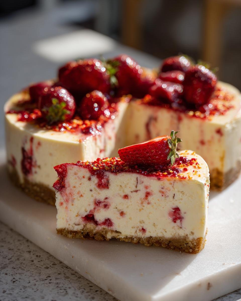 Ein St&uuml;ck unwiderstehlicher No Bake Firecracker Cheesecake mit Erdbeeren und roter So&szlig;e.