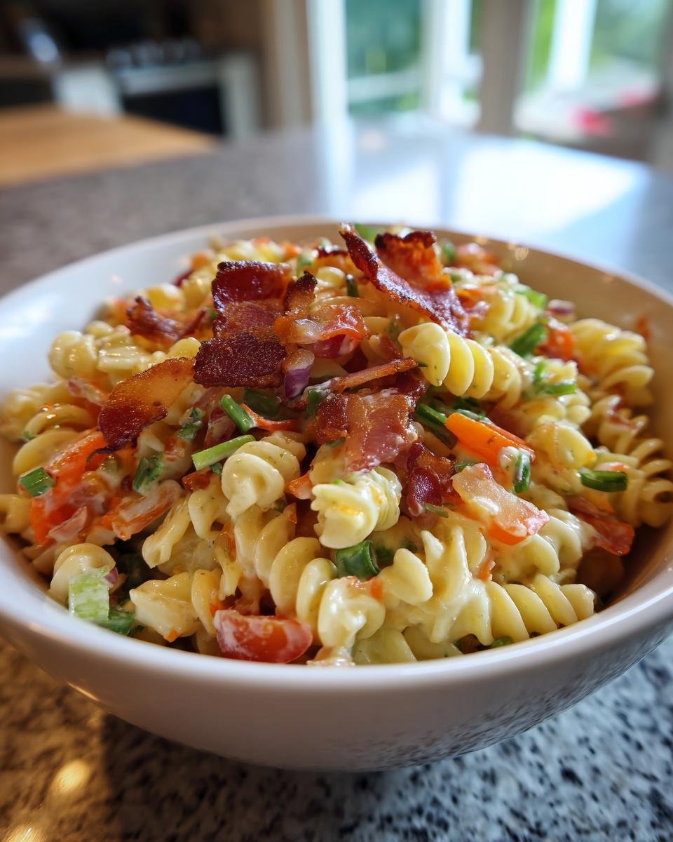 Nahaufnahme eines unwiderstehlichen Speck-Ranch-Nudelsalats mit Spiralnudeln, Speck und Gem&uuml;se.