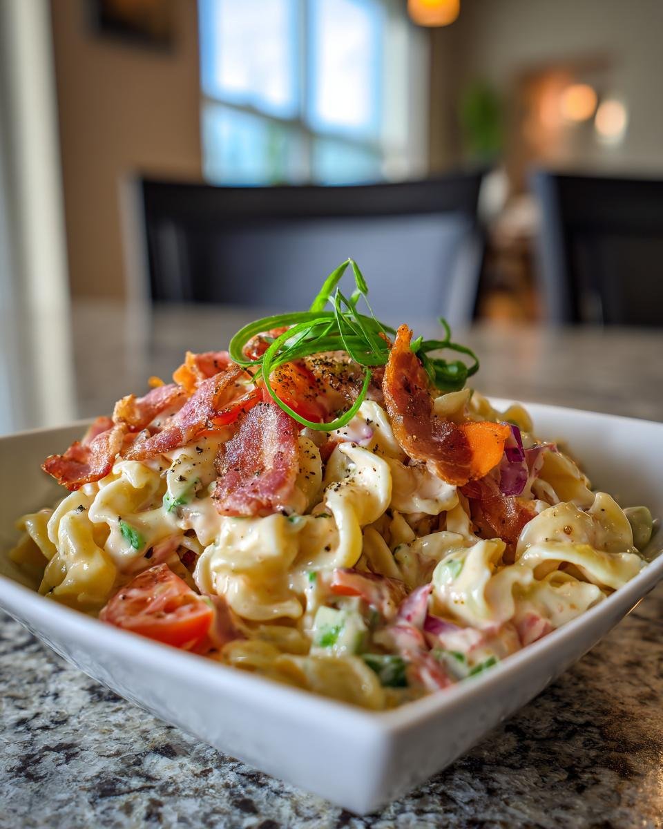 Nahaufnahme eines unwiderstehlichen Speck-Ranch-Nudelsalats in einer wei&szlig;en Sch&uuml;ssel, garniert mit Speck und Fr&uuml;hlingszwiebeln.