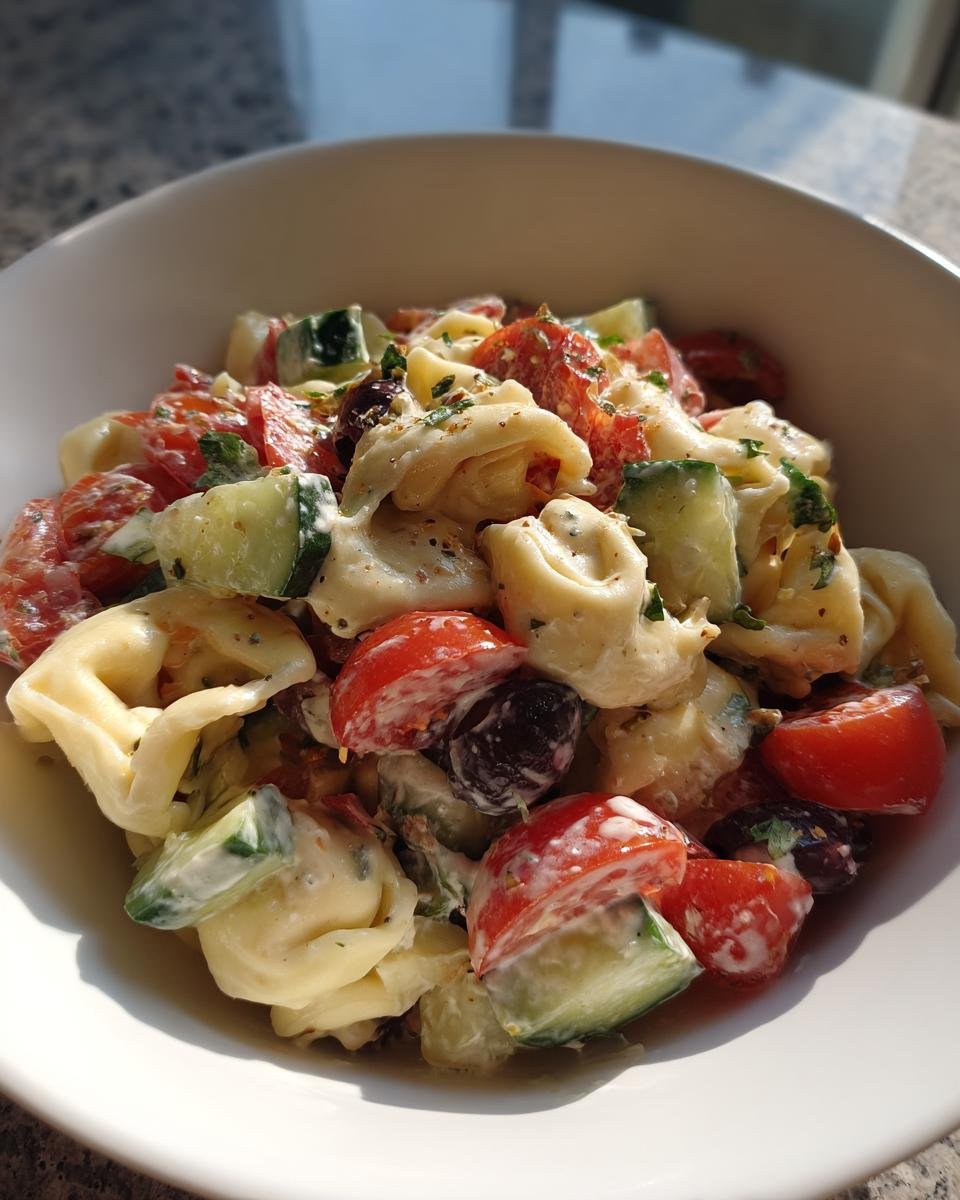 Nahaufnahme von unwiderstehlichem Tortellini-Nudelsalat mit Tomaten, Gurken und Oliven in einer cremigen So&szlig;e.
