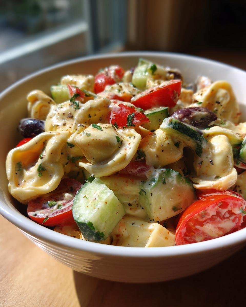 Nahaufnahme einer Sch&uuml;ssel mit unwiderstehlichem Tortellini-Nudelsalat, garniert mit Tomaten, Gurken und Oliven.