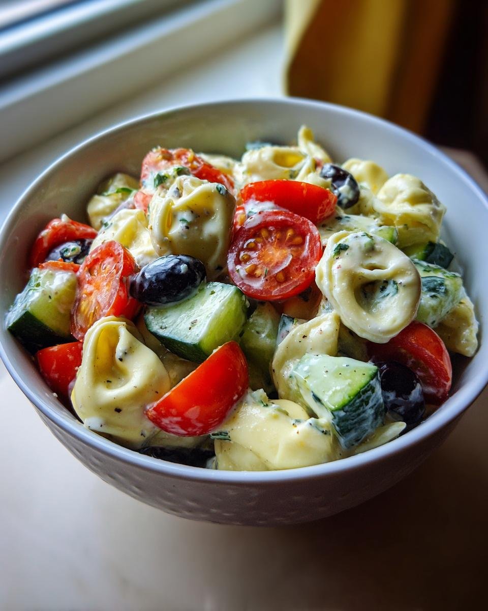 Nahaufnahme einer Sch&uuml;ssel mit unwiderstehlichem Tortellini-Nudelsalat, garniert mit Kirschtomaten, Gurken und schwarzen Oliven.