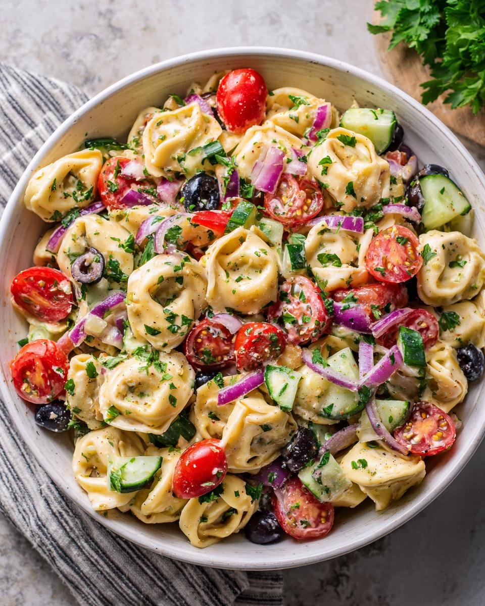 Nahaufnahme eines Schüssel mit unwiderstehlichem Tortellini-Nudelsalat, gefüllt mit Kirschtomaten, Gurken, roten Zwiebeln und schwarzen Oliven.