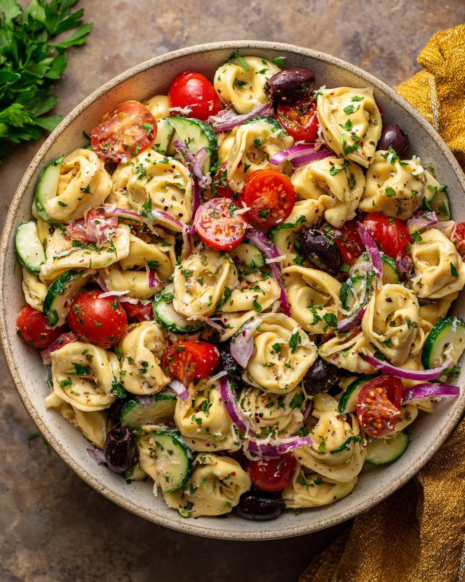 Nahaufnahme eines Schüssel mit unwiderstehlichem Tortellini-Nudelsalat, gefüllt mit Kirschtomaten, Gurken, roten Zwiebeln und schwarzen Oliven.