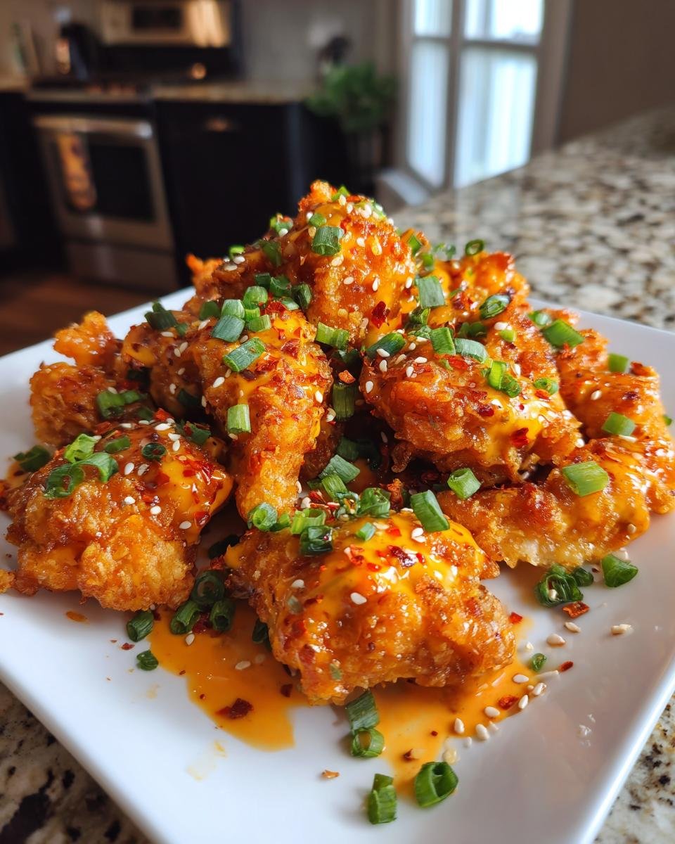 Ein Teller mit unwiderstehlichem Bang Bang Chicken, &uuml;berzogen mit einer cremigen Sauce und garniert mit Fr&uuml;hlingszwiebeln und Sesam.