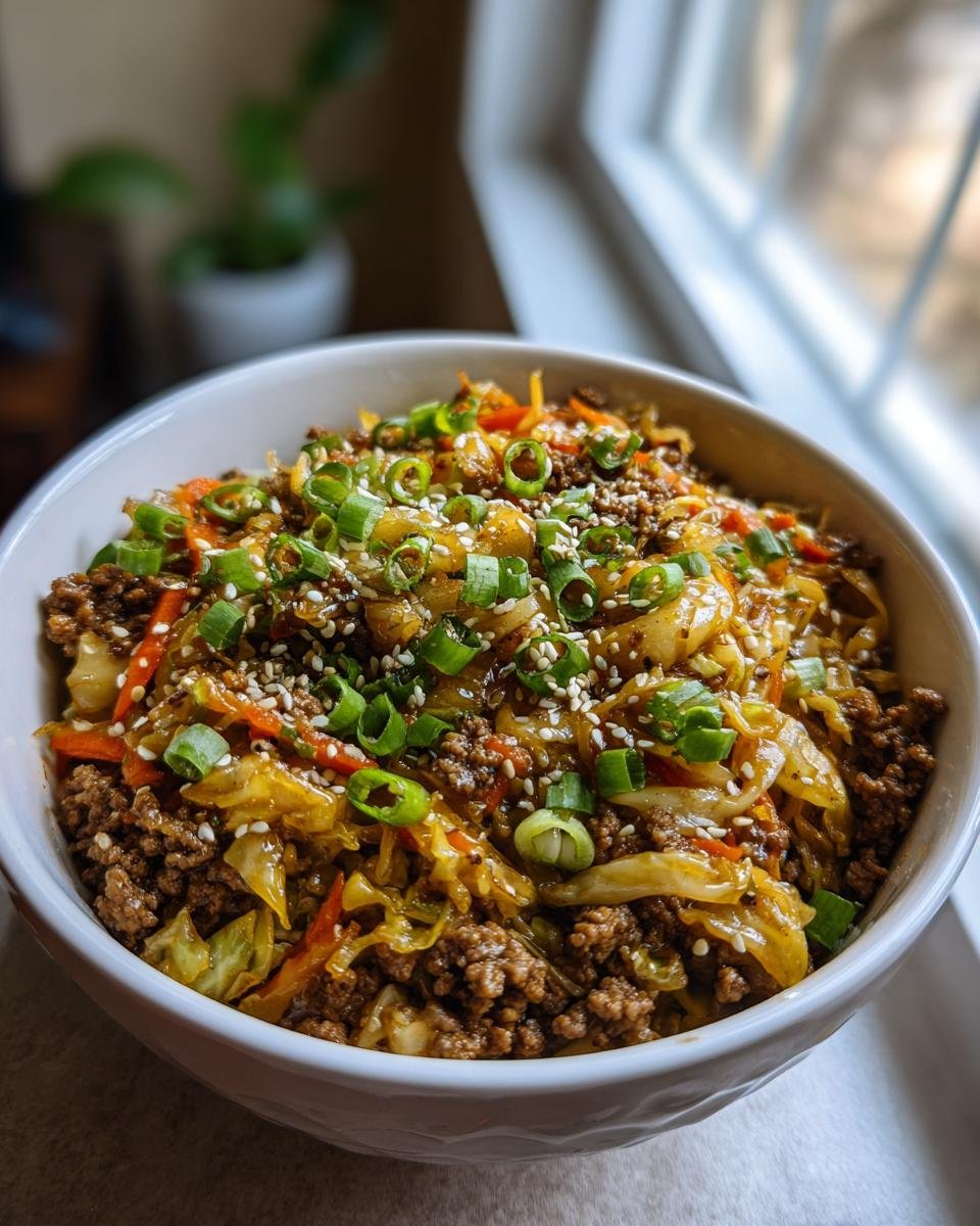 Sch&uuml;ssel mit unwiderstehlichem Egg Roll In A Bowl, garniert mit Fr&uuml;hlingszwiebeln und Sesam.