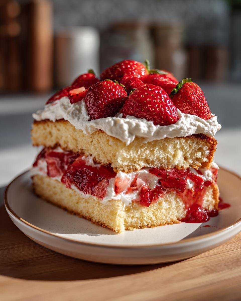 Ein St&uuml;ck unwiderstehliches Erdbeer-Shortcake mit frischen Erdbeeren und Schlagsahne auf einem Teller.