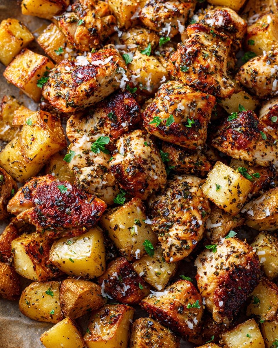 Nahaufnahme von unwiderstehlichem Knoblauch Parmesan H&auml;hnchen mit goldbraunen Kartoffelst&uuml;cken, garniert mit Petersilie.