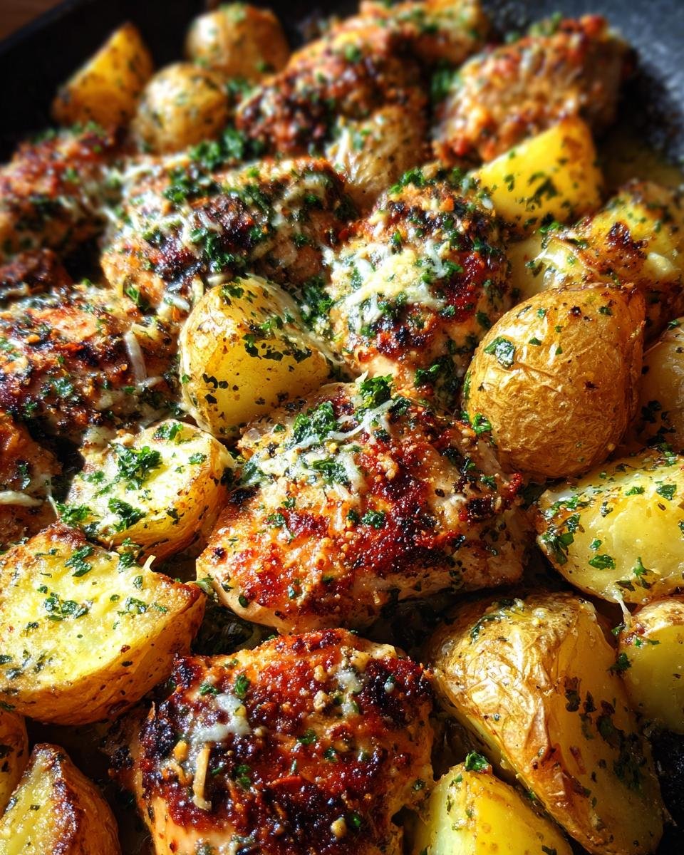 Nahaufnahme von unwiderstehlichem Knoblauch-Parmesan-H&auml;hnchen mit goldbraunen Kartoffeln, bestreut mit Petersilie.