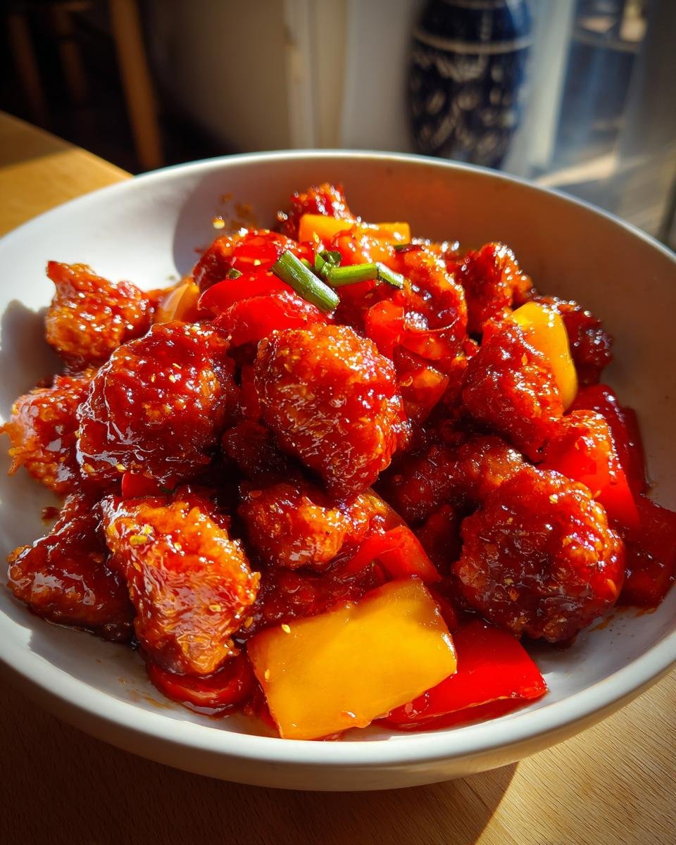 Nahaufnahme von unwiderstehlichem süß-saurem Hähnchen mit Paprika in einer Schüssel, garniert mit Frühlingszwiebeln.