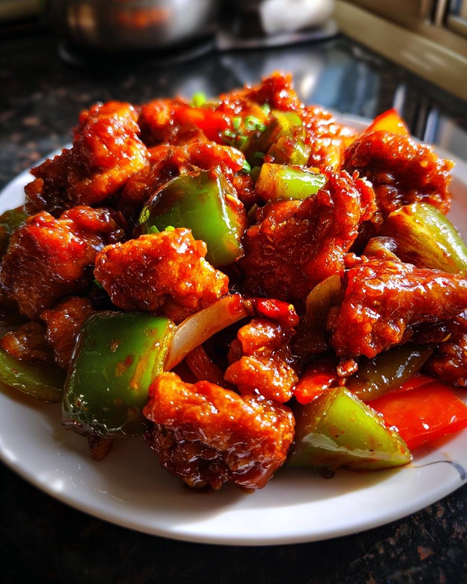 Nahaufnahme von unwiderstehlichem süß-saurem Hähnchen mit Paprika und Zwiebeln auf einem Teller.