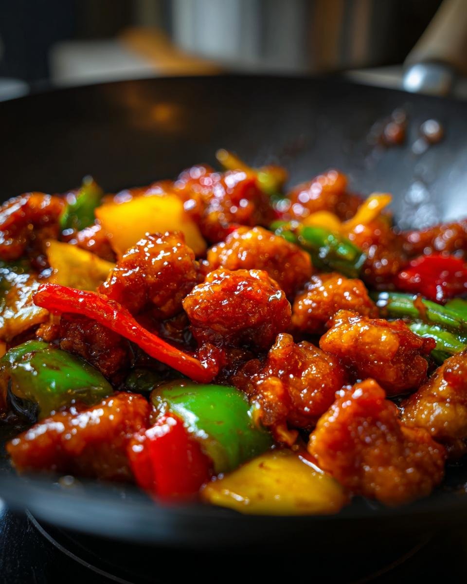 Nahaufnahme von unwiderstehlichem süß-saurem Hähnchen mit Paprika und Ananas in einem Wok.