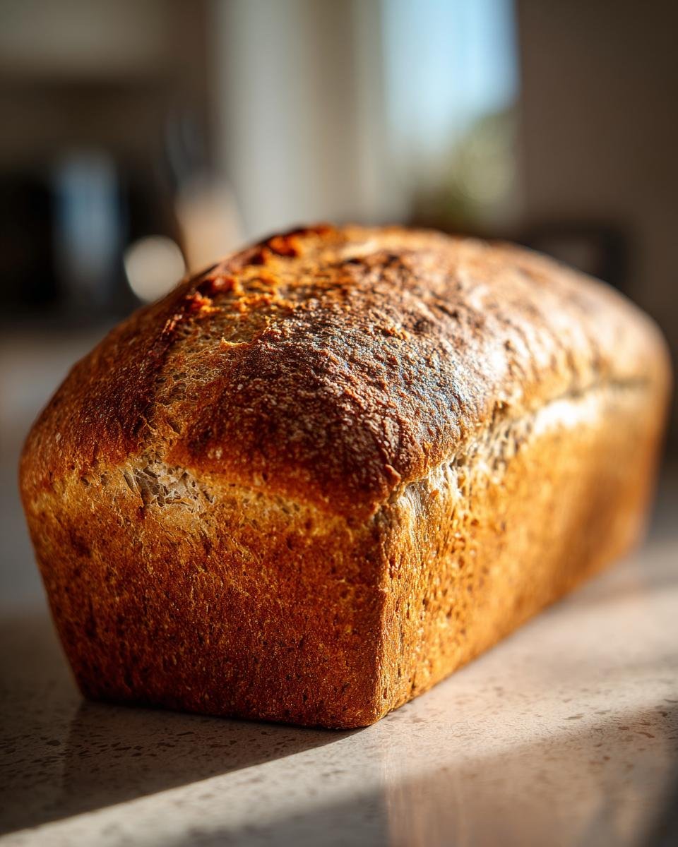 Ein frisch gebackenes, unwiderstehliches Vollkornbrot mit goldbrauner Kruste auf einer Arbeitsplatte.