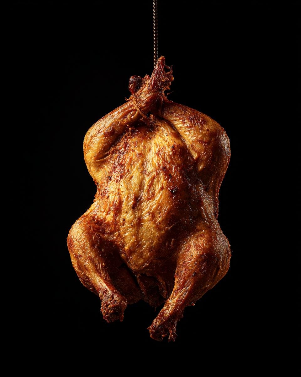 Ein goldbraunes, saftiges Brath&auml;hnchen h&auml;ngt an einem Haken vor schwarzem Hintergrund, perfekt f&uuml;r das Rezept 