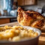 Ein saftiges, goldbraun gebratenes H&auml;hnchen neben einer Sch&uuml;ssel mit Reis.