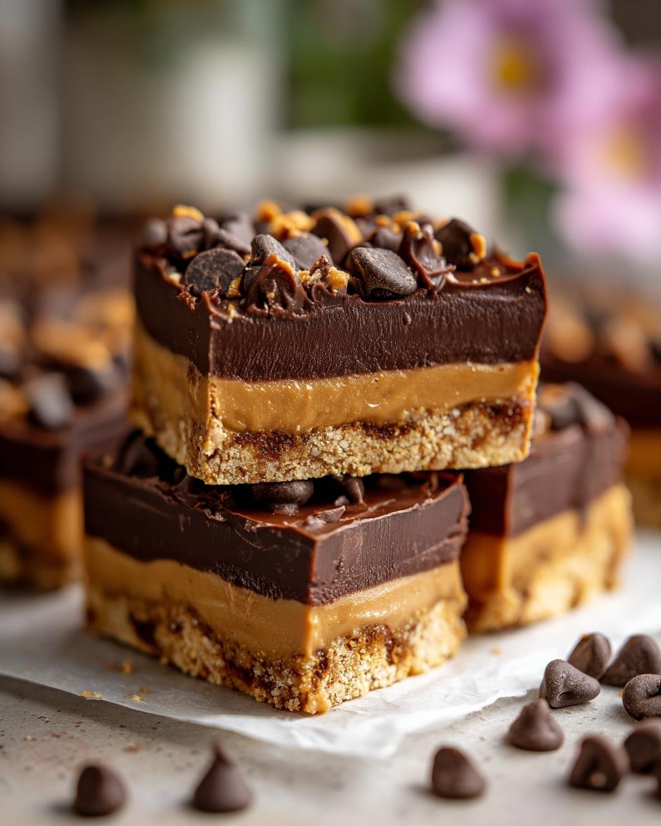Gestapelte Schoko-Erdnussbutter-Riegel, eine von vier k&ouml;stlichen Leckereien ohne Backen, garniert mit Schokost&uuml;ckchen.