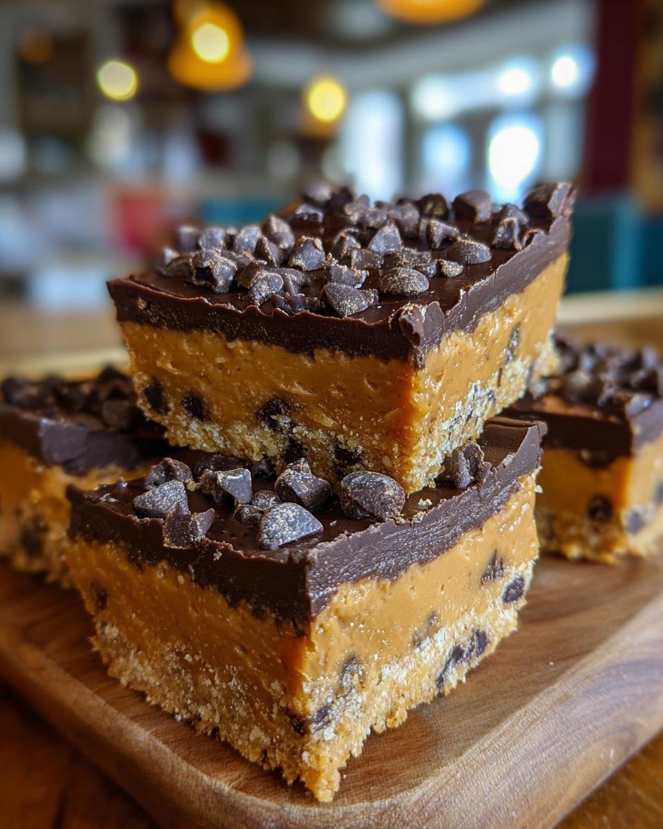 Nahaufnahme von k&ouml;stlichen Schoko-Erdnussriegeln, einer der vier leckeren Leckereien ohne Backen, auf einem Holzbrett.