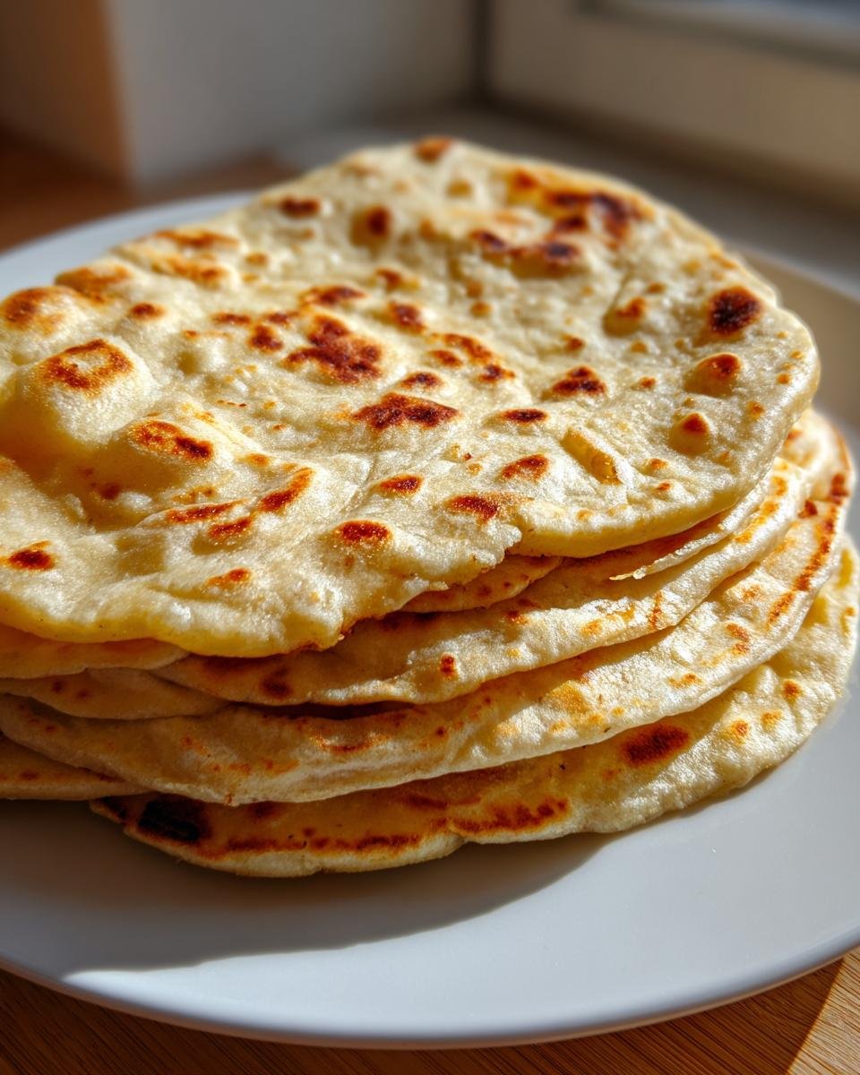 Nahaufnahme eines Stapels frisch gebackener Weizen Tortillas auf einem wei&szlig;en Teller.
