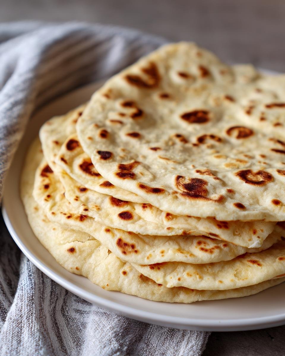 Ein Stapel frisch gebackener Weizen Tortillas auf einem wei&szlig;en Teller, mit einem grauen K&uuml;chentuch im Hintergrund.