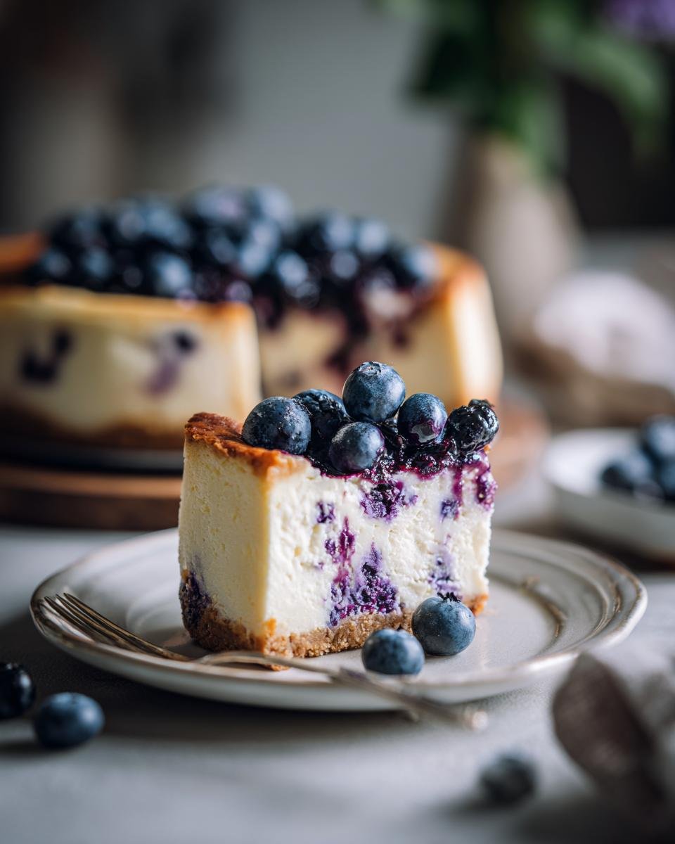 Ein St&uuml;ck cremiger White Chocolate Blueberry Cheesecake mit frischen Blaubeeren garniert, auf einem Teller mit einer Gabel.