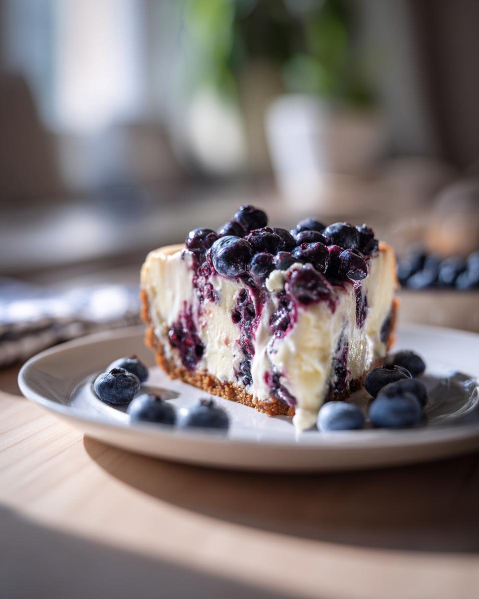 Ein St&uuml;ck White Chocolate Blueberry Cheesecake mit Blaubeeren garniert auf einem Teller.