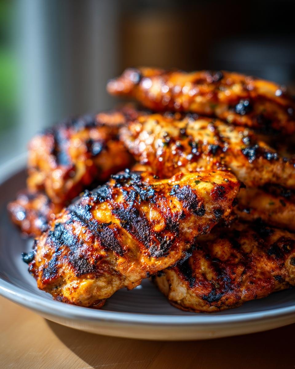 Ein Teller mit saftigen, gegrillten H&auml;hnchenst&uuml;cken, perfekt f&uuml;r den Sommer.