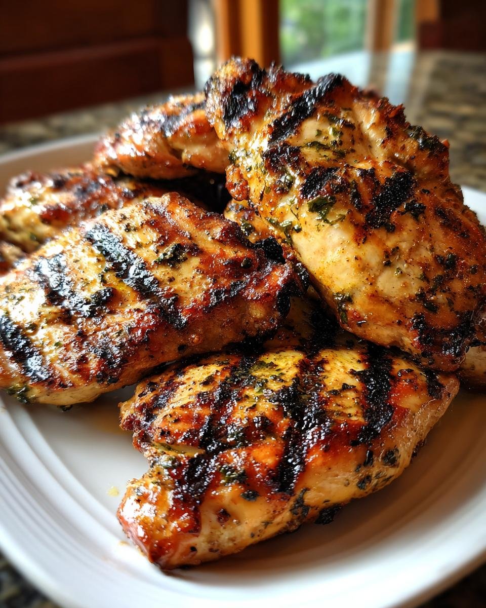 Nahaufnahme von saftigen, gegrillten H&auml;hnchenbrustst&uuml;cken mit Grillstreifen und Kr&auml;utern.