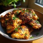 Nahaufnahme von w&uuml;rzigen H&auml;hnchenfl&uuml;geln, garniert mit frischer Petersilie, perfekt f&uuml;r einfache H&auml;hnchenrezepte.