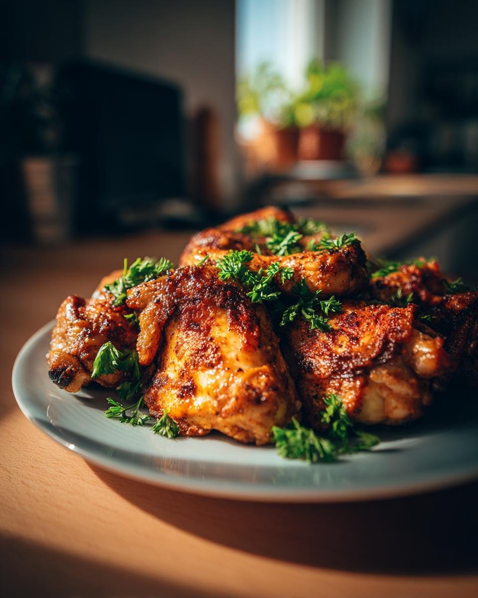 Ein Teller mit goldbraunen, gewürzten Hähnchenteilen, garniert mit frischer Petersilie.