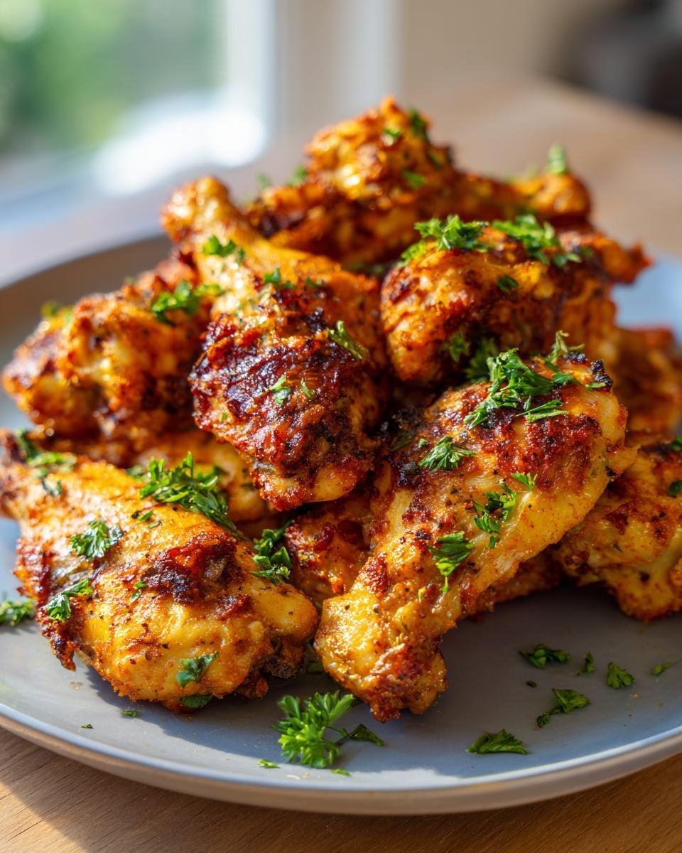 Ein Teller mit würzigen Hähnchenflügeln, garniert mit Petersilie, perfekt für einfache Hähnchenrezepte.