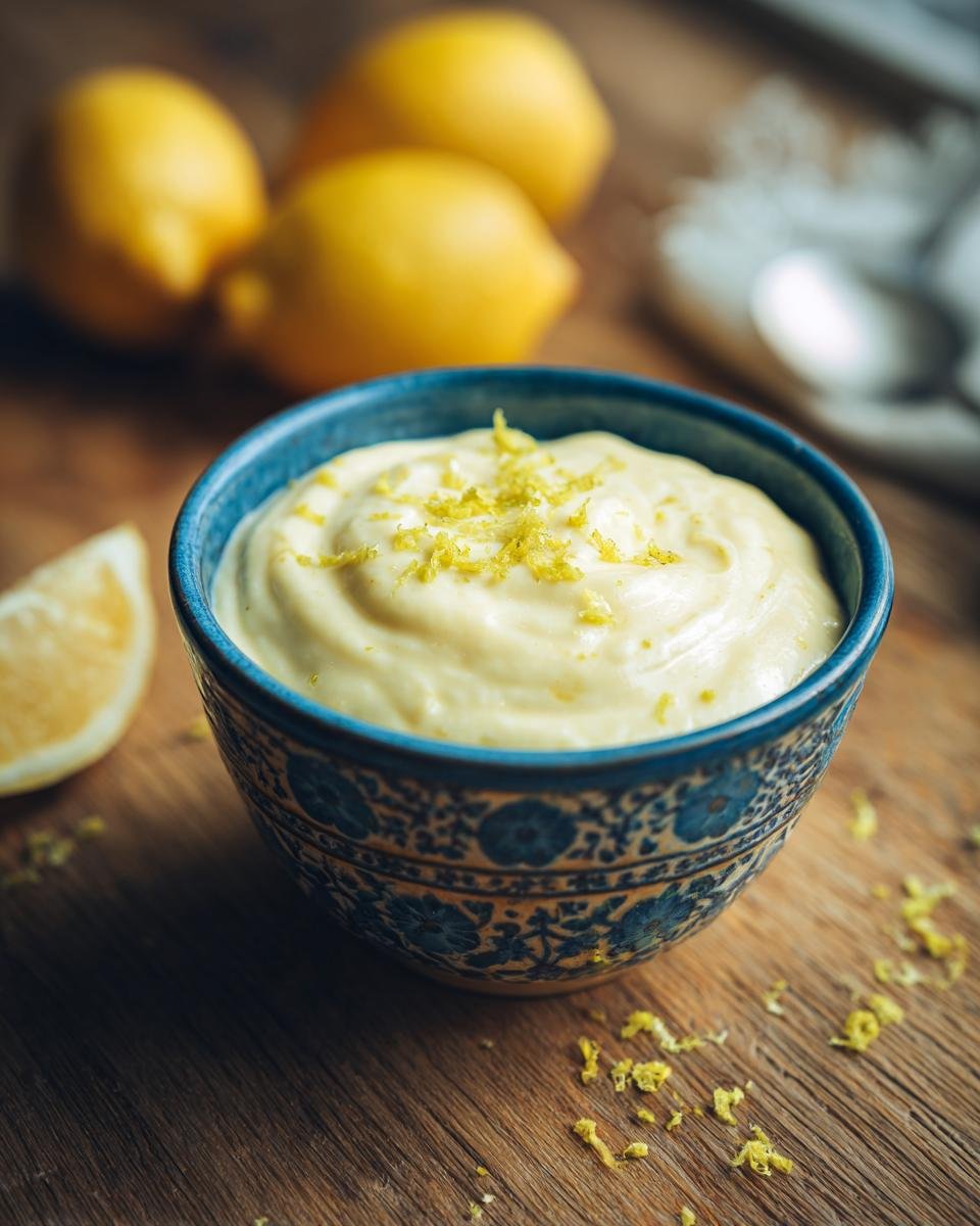 Eine Schüssel cremiges, zitroniges Caesar Salatdressing, garniert mit Zitronenschale. Perfekt für ein