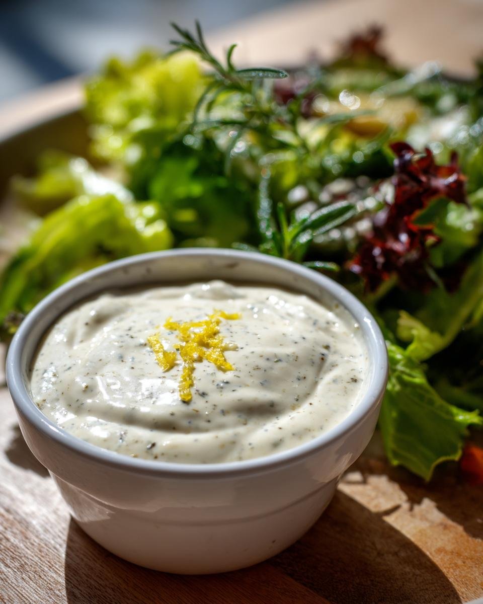 Schüssel mit cremigem Zesty Caesar Salad Dressing, garniert mit Zitronenschale, daneben ein Salat.
