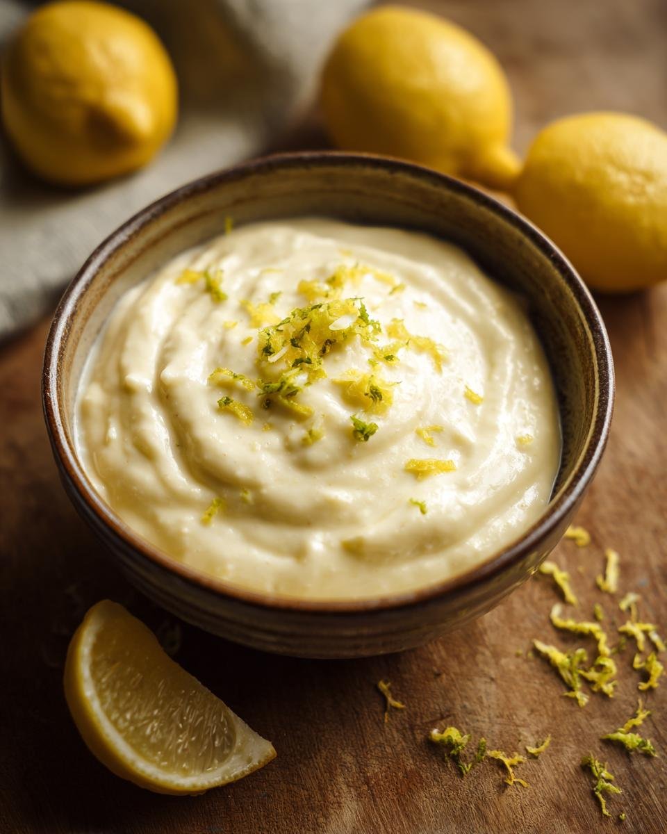 Schüssel mit cremigem, zitronigem Caesar Salad Dressing, garniert mit Zitronenschale und Zitrone.