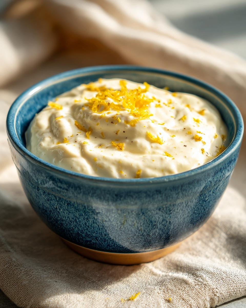 Schüssel mit cremigem, zesty Caesar Salatdressing, garniert mit Zitronenschale und Pfeffer.