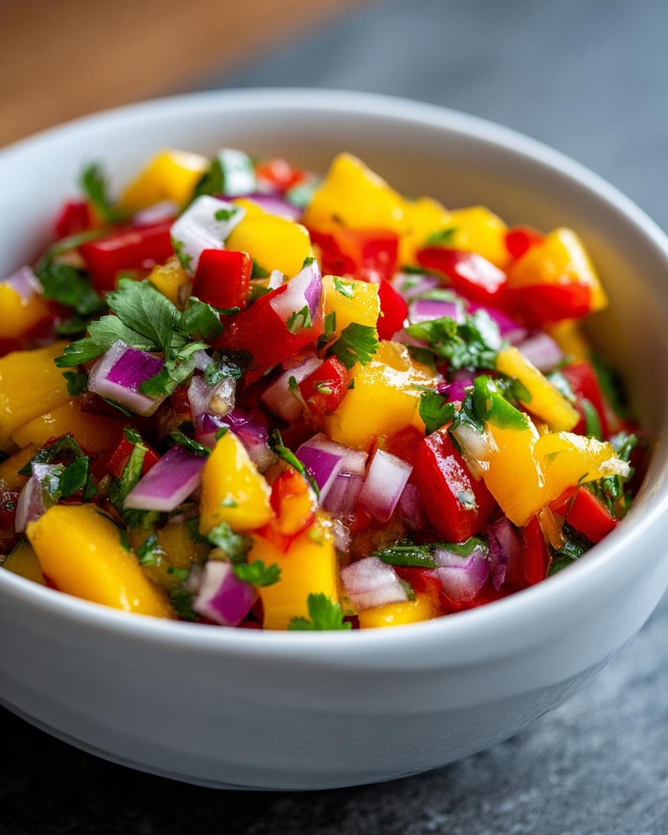 Nahaufnahme einer Sch&uuml;ssel mit erfrischender Zesty Sweet Fruit Salsa mit Mango, Paprika und Zwiebeln.