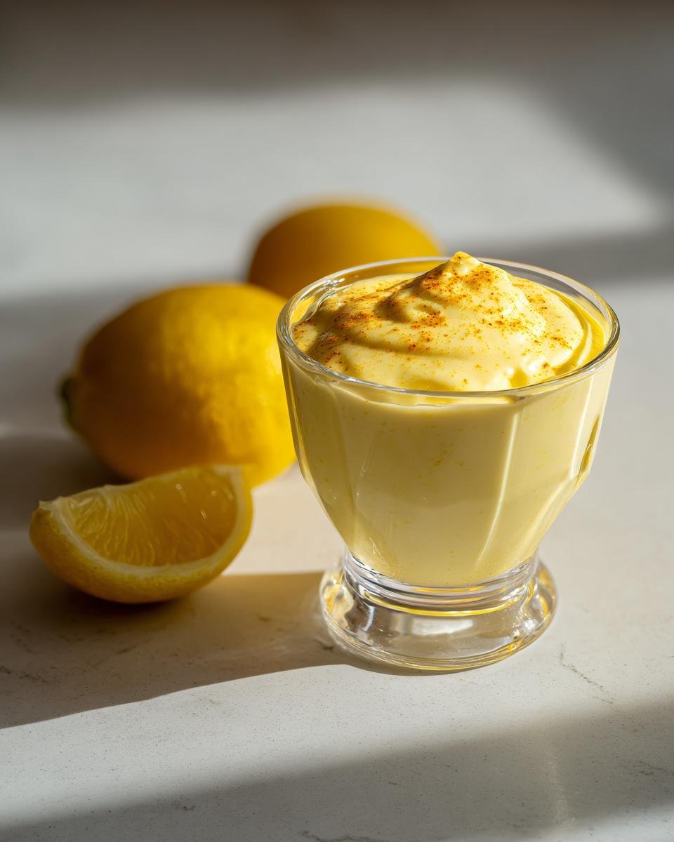 Ein Glas mit cremigem Zitronen Posset, garniert mit etwas Zimt, daneben Zitronen.